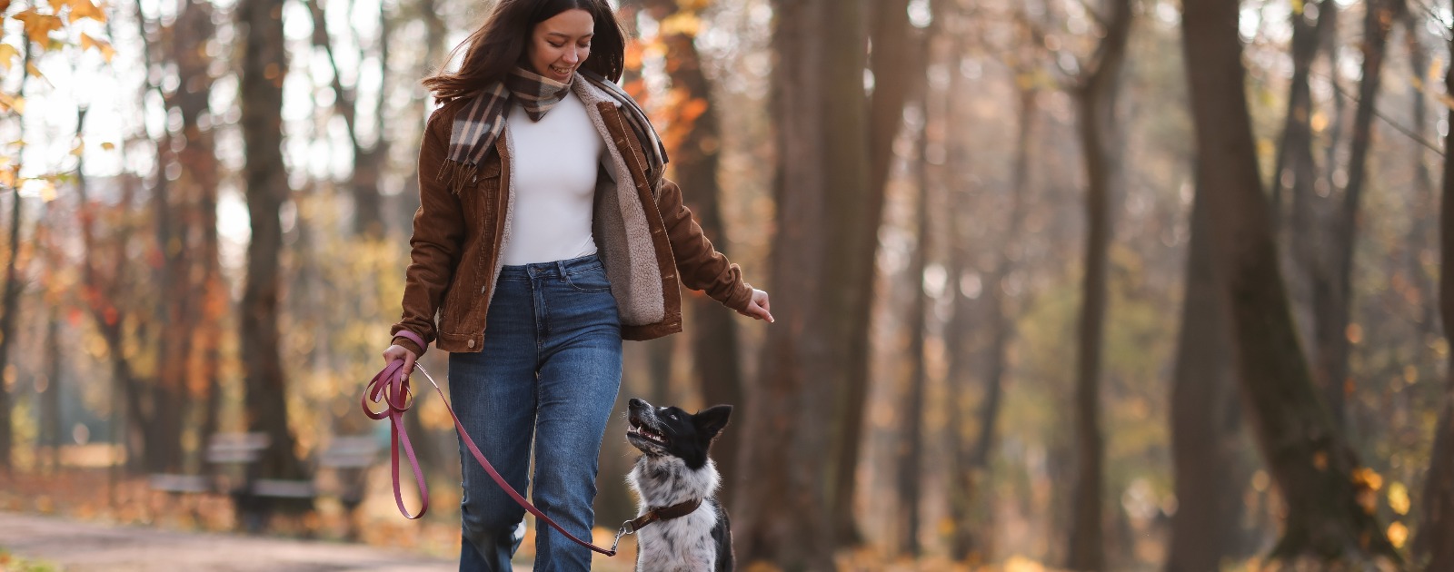 mulher a passear o cão no parque