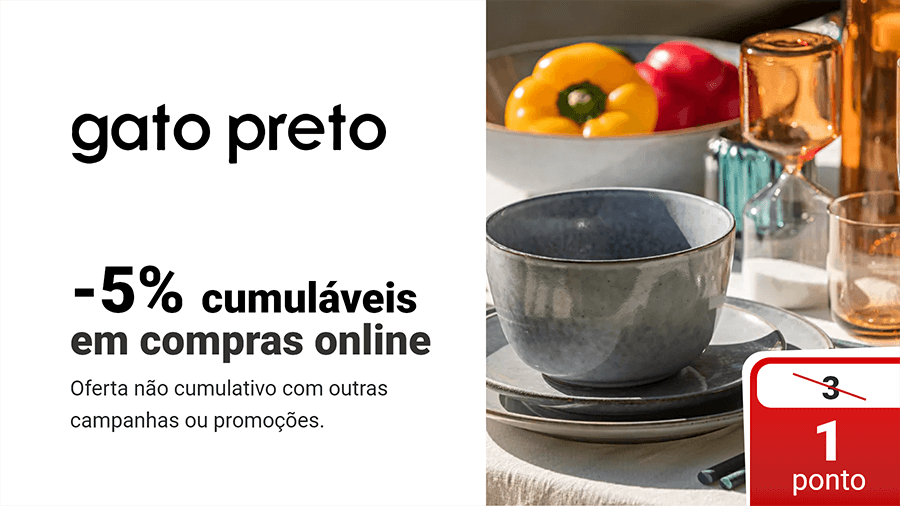 gato preto, aproveite 5% de desconto cumuláveis em compras online