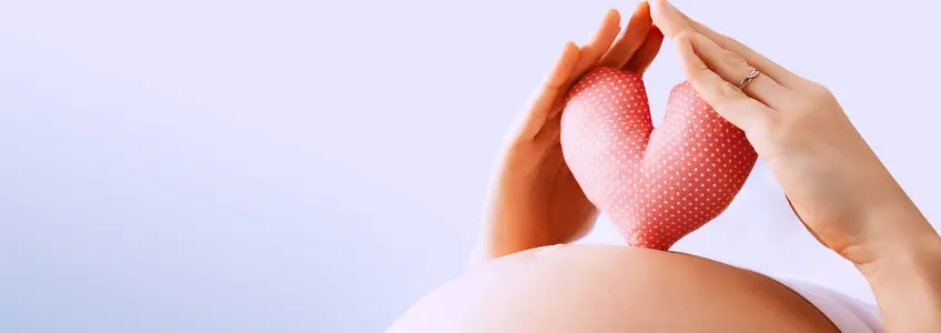 grávida segura pequena almofada em forma de coração