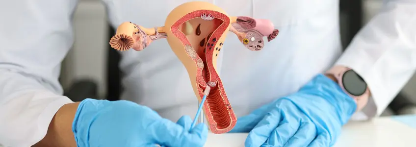 médico aponta para modelo anatómico das trompas de Falópio