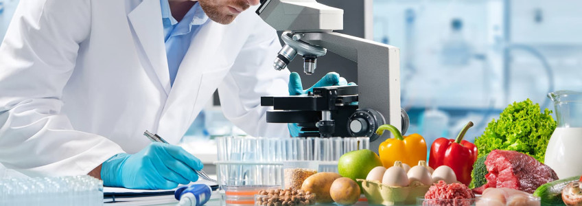 investigador a observar alimentos no microscópio 